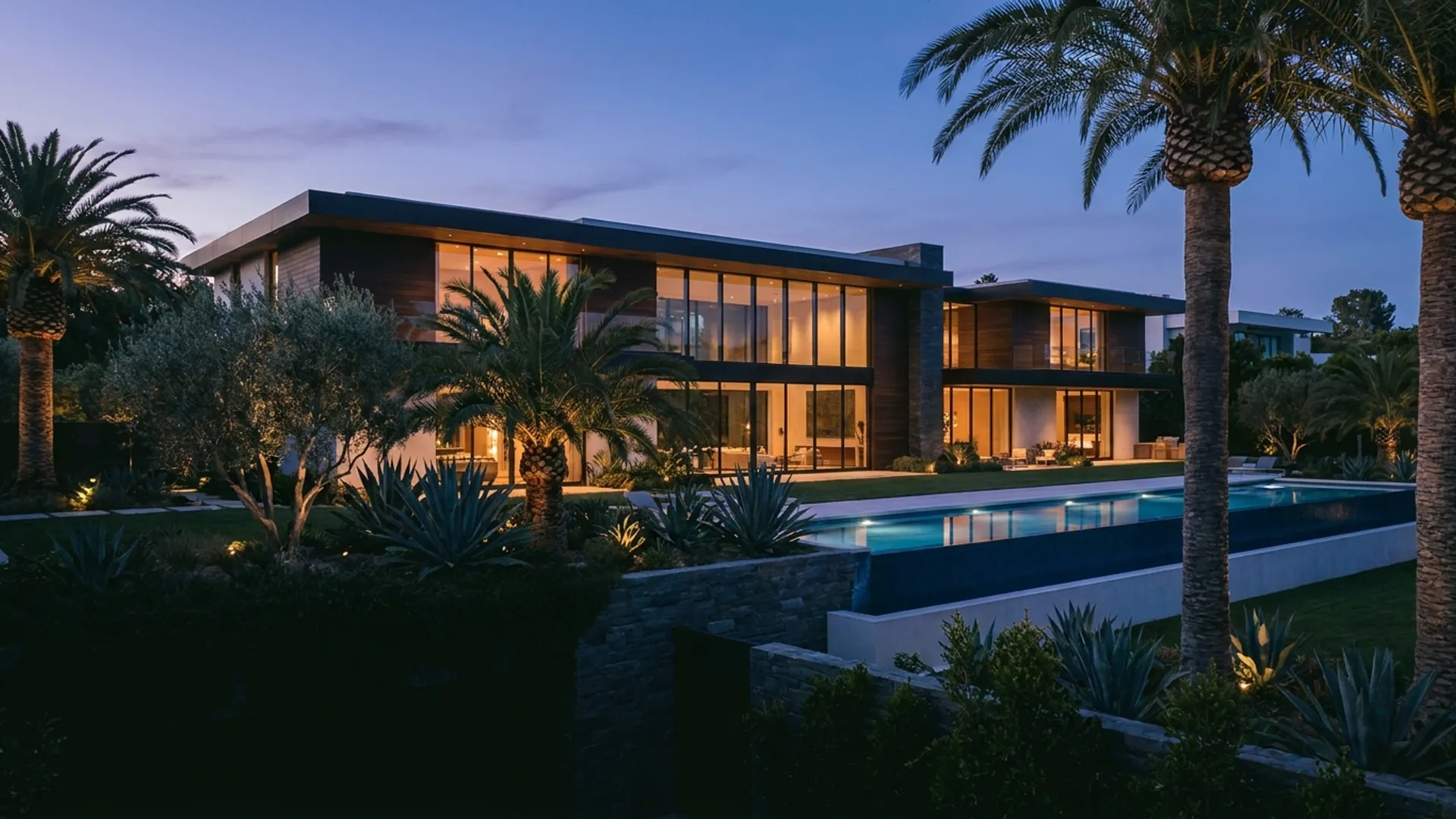 Modern Beverly Hills luxury estate at blue hour